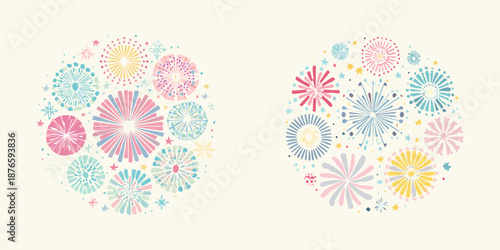 Fireworks. A seamless spring pattern design featuring a decorative set of vector easter eggs with pink floral ornaments and nature leaf elements for a colorful summer wallpaper illustration
