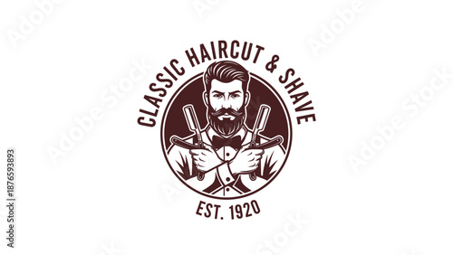 Vintage Barbershop Logo with Bearded Man and Barber Tools.