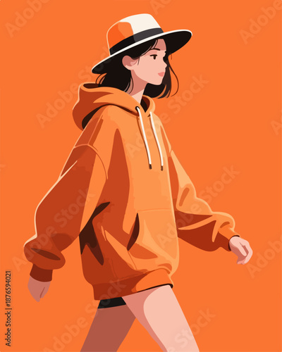 Minimalist Flat Illustration of Young Woman Wearing Hoodie and Hat