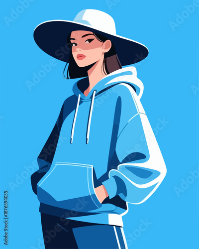 Minimalist Flat Illustration of Young Woman Wearing Hoodie and Hat