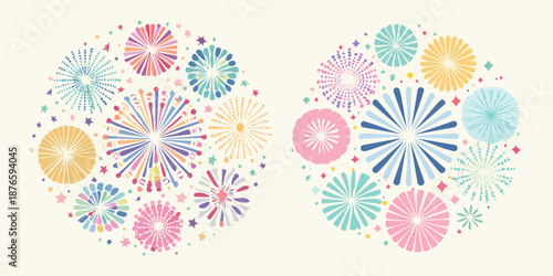 Seamless vector illustration of a spring floral pattern with colorful Easter eggs and pink flower ornaments for a nature-inspired wallpaper design. Fireworks