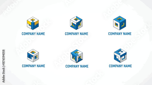 Isometric cube logo designs with company name placeholders in a circular arrangement