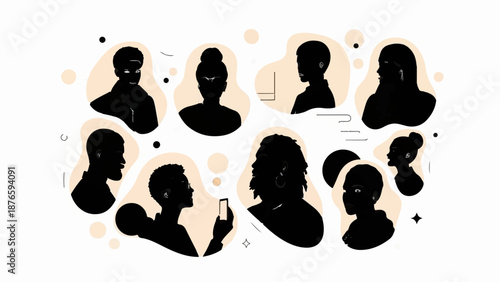 Diverse group of people's silhouettes forming a collage of connections and individuality.