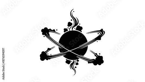 Abstract atomic symbol with swirling smoky elements representing energy and motion