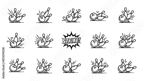 Bowling pins falling after a strike illustrated in a simple black and white style
