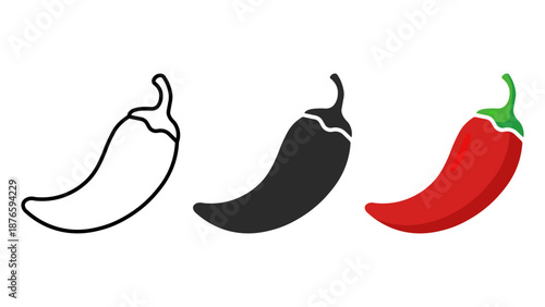 chili pepper icons. red chili pepper icons set in outline solid and flat style