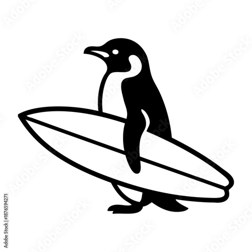 Logo club de surf. Dibujo sencillo con líneas de pingüino con tabla de surf bajo el ala