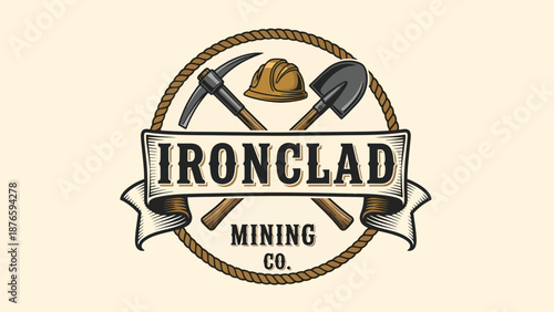 Vintage Ironclad Mining Co. logo with crossed pickaxe and shovel, hard hat, and rope border.