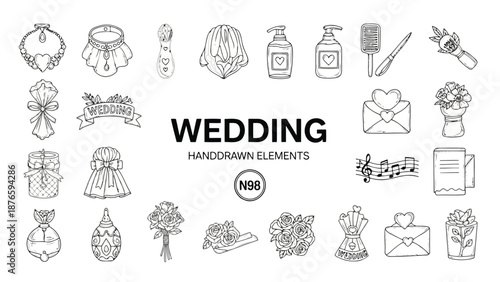 Wedding hand drawn elements rings bouquets decorations and celebratory symbols