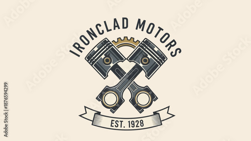 Vintage Ironclad Motors Logo with Crossed Pistons and Gear.