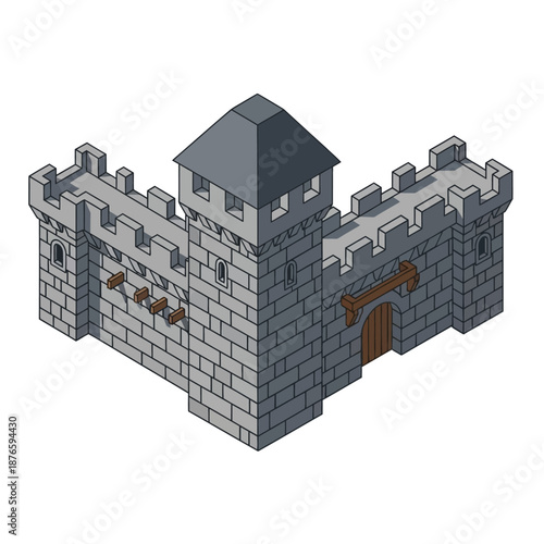 Isometric Medieval Castle Fortress with Gate and Towers
