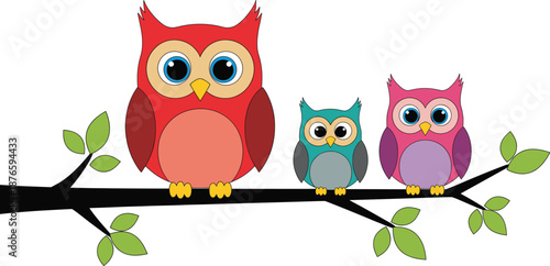 Cute cartoon owl family sitting on tree branch colorful bird characters vector illustration isolated on white background