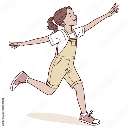 Young girl running with arms outstretched wearing beige overalls
