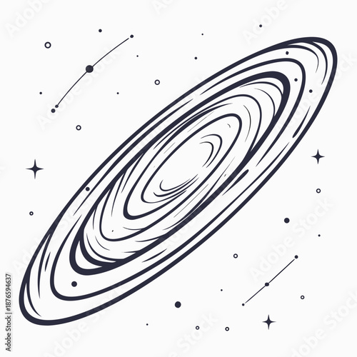 Black and white of a ringed planet with stars galaxy