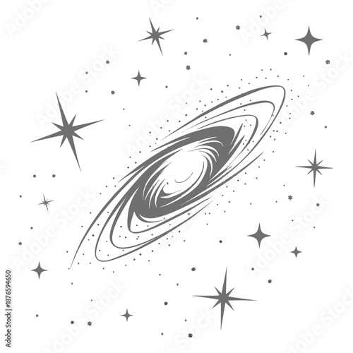 Gray of a ringed planet with stars and space dust rings