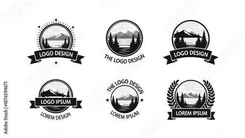 Collection of vintage mountain landscape logo designs with ribbon banners