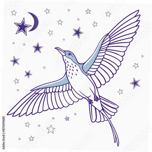 Bird flying under starry night sky with moon flying bird