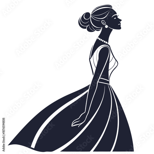 Woman in formal dress silhouette with pearl necklace and earrings