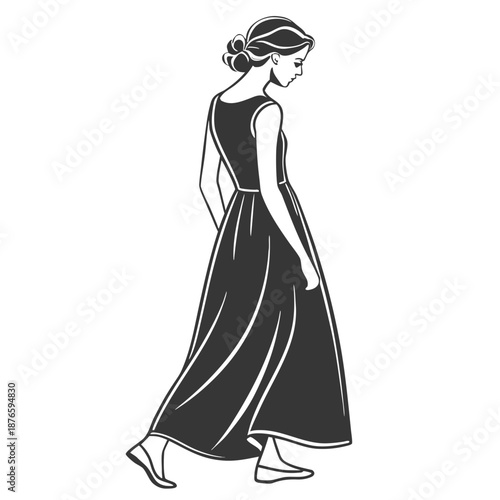 Woman in sleeveless straight cut dress walking sleeveless dress