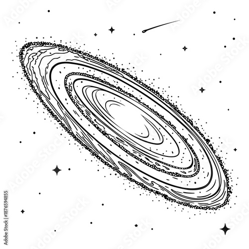 Black and white of a galaxy with rings and stars ringed galaxy