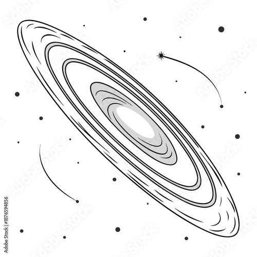 Black and white of a ringed planet with a glowing core and surrounding stars