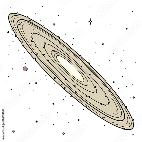 Beige ringed planet with luminous core and stars