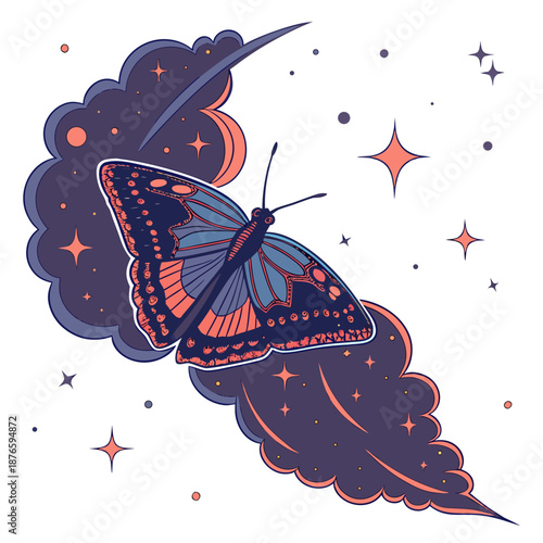 Colorful butterfly on nebula cloud with stars space