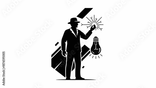 Silhouette of a man in a hat holding a glowing idea, with a lightbulb symbolizing innovation.