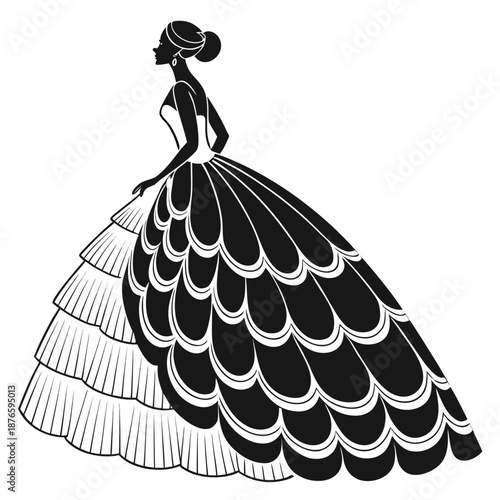 Woman in layered gown silhouette multi layer skirt side view