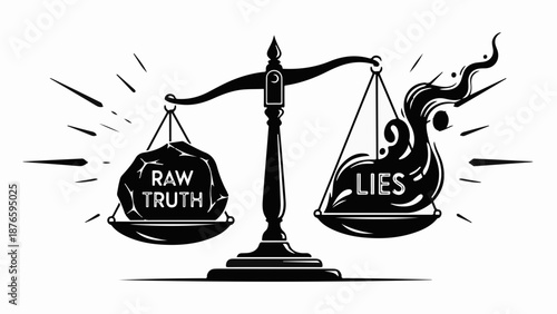 A balance scale weighs raw truth against destructive lies, symbolizing justice and consequence.