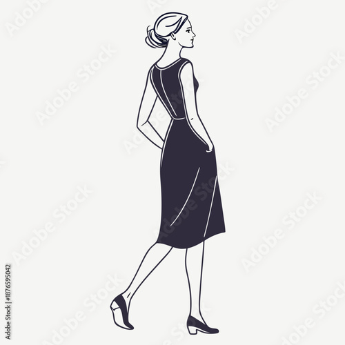 Woman in minimalist black dress and heels walking minimalist fashion