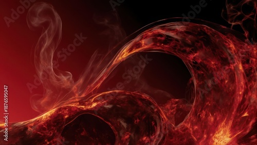 Abstract Fiery Red and Orange Swirls with Wisps of Smoke on a Dark Background.