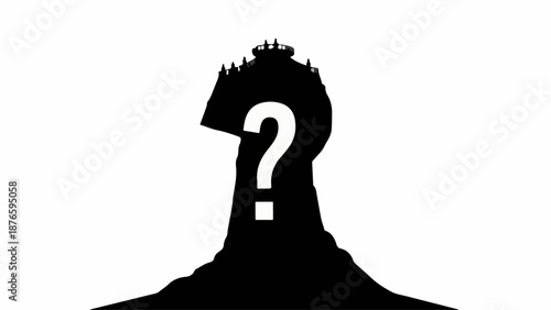 Mysterious silhouette of a castle on a hill with a question mark, evoking wonder and intrigue.