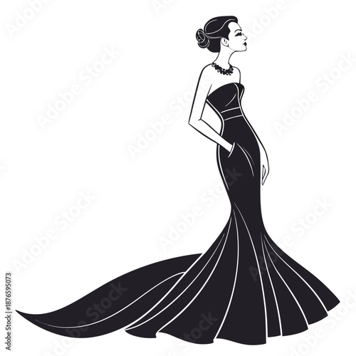Woman in sleeveless mermaid gown silhouette with fitted and train