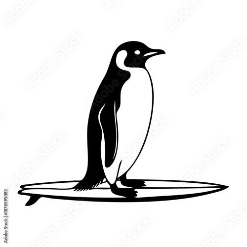 Logo club de surf. Dibujo sencillo con líneas de pingüino en tabla de surf