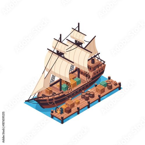 Detailed isometric illustration of a vintage wooden sailing ship docked at a bustling harbor pier, loaded with various cargo crates, depicting an old maritime transport and trade scene