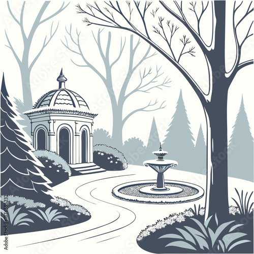 Monochrome of a gazebo and fountain in a park trees