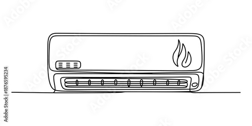 Continuous line drawing of a wall-mounted air conditioner unit with a heating symbol Vector, illustration