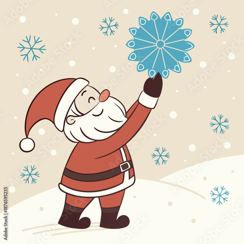 Santa Claus holding large blue snowflake in winter scene