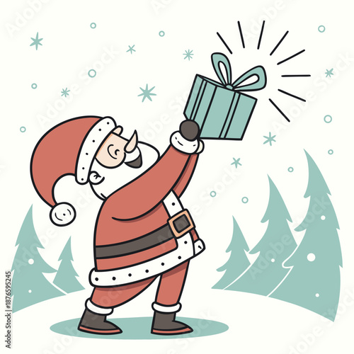 Santa Claus holding up a gift in a winter scene present