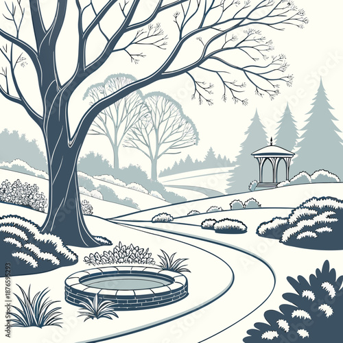 Winter park scene with tree and gazebo snow