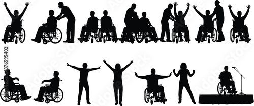 Black silhouette of disabled people in wheelchairs with caregivers and friends celebrating inclusivity and accessibility for medical healthcare community support isolated on white background