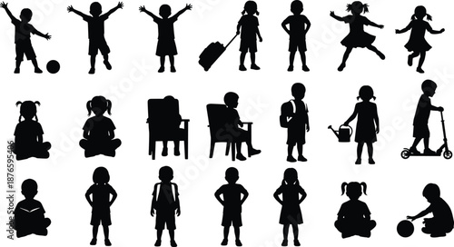 Black silhouettes of children playing, studying, riding scooters, and gardening set against white background for elementary education, diverse youth activities, and childhood development concepts.