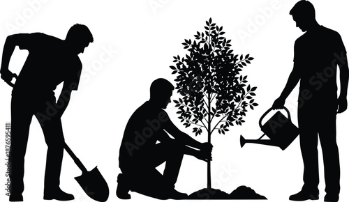 Black silhouette of men planting a tree together with shovel and watering can for environmental conservation nature protection reforestation community gardening and ecological sustainability project