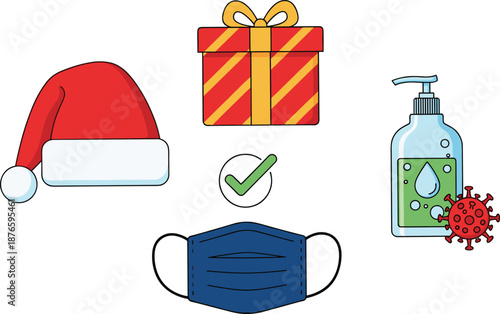 Christmas holiday safety concept with Santa hat gift box medical face mask and hand sanitizer to prevent virus spread during winter festive seasonal celebrations,