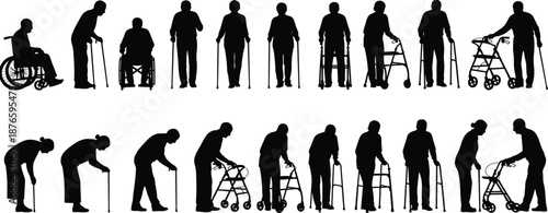 Collection of elderly silhouettes using mobility aids including wheelchairs walkers and walking sticks for senior healthcare accessibility and geriatric nursing home medical services design