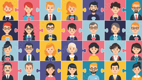 Diverse professional team puzzle pieces representing corporate collaboration, global workforce inclusion, business networking, human resources strategy, unity in workplace culture, and creative