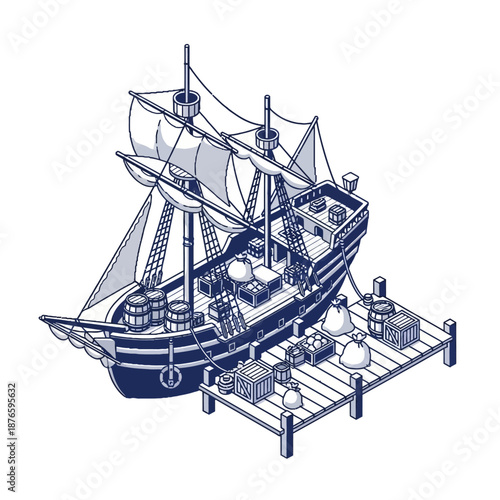 Isometric illustration of a docked ship laden with cargo, including barrels and sacks, on a wooden pier