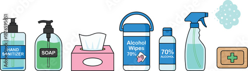 Emergency first aid kit with medical supplies icons including red box face mask paracetamol thermometer bandage scissors alcohol and safety equipment for healthcare rescue