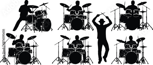 Drummer silhouette collection featuring musician playing drum kit with sticks and cymbals, percussionist performing on stage for live music concert and band rehearsal sessions,